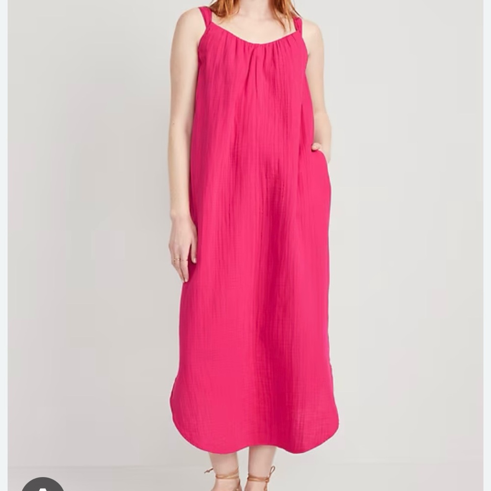 Old Navy M Bright Pink Shirred Sleeveless Midi Dress